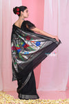 Pehal~ Traditional Adequate Black Cotton Paithani with Silver Border & Beautiful Parrot Pallu