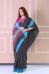 Traditional Patteda Anchu Ilkal Handloom Saree~ Black With Solid Pink and Blue Border