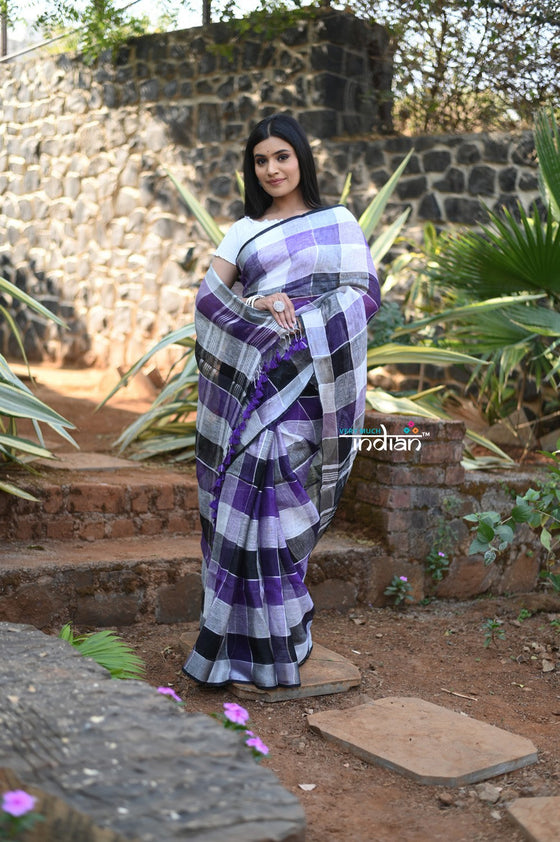 Exclusive! Pure Linen Saree in Beautiful Geometric Checks All over~White and Purple Shades