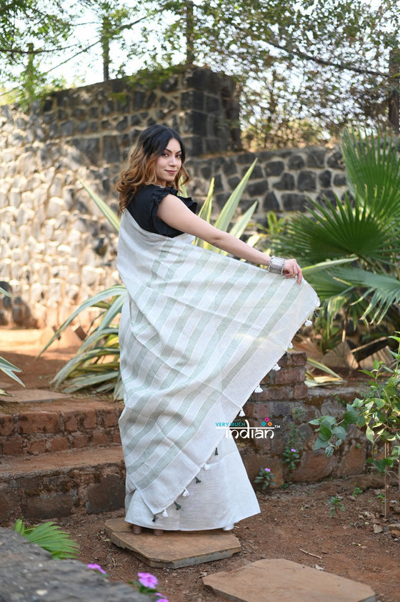 Rang~Pure Linen Saree With Sleek Border and Exclusive Design~ White
