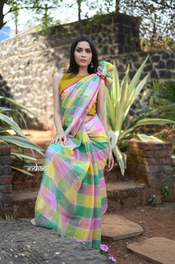Exclusive! Pure Linen Saree in Beautiful Geometric Checks All over~Multicolor Shades