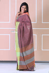 Traditional Patteda Anchu Ilkal Handloom Saree~ Cast Brown With Orange-Green Ilkal Border