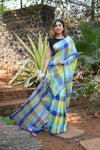 Exclusive! Pure Linen Saree in Beautiful Geometric Checks All over~Green Blue Shades