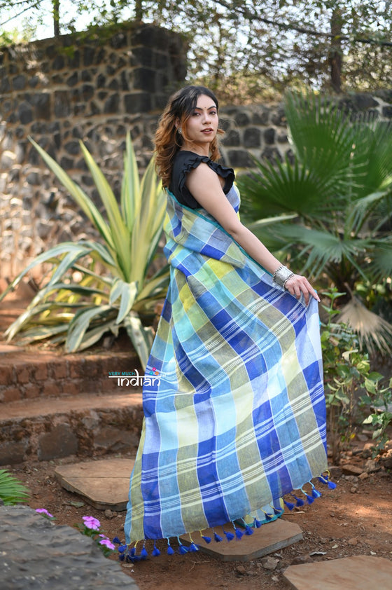 Exclusive! Pure Linen Saree in Beautiful Geometric Checks All over~Green Blue Shades