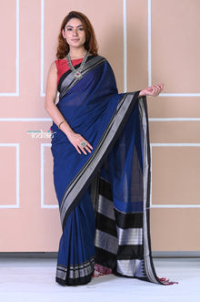  Traditional Pure Cotton Navy Blue Ilkal with Pure Silk Pallu