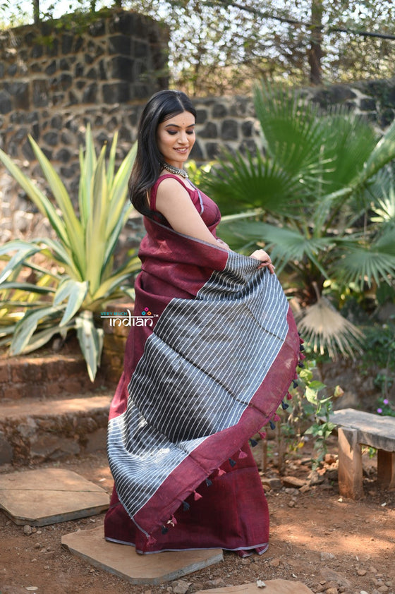 Rang~Pure Linen Saree With Sleek Border and Exclusive Design~ Maroon