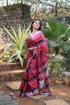 Exclusive! Pure Linen Saree in Beautiful Geometric Checks All over~Red Shades