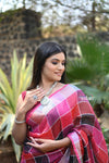 Exclusive! Pure Linen Saree in Beautiful Geometric Checks All over~Red Shades