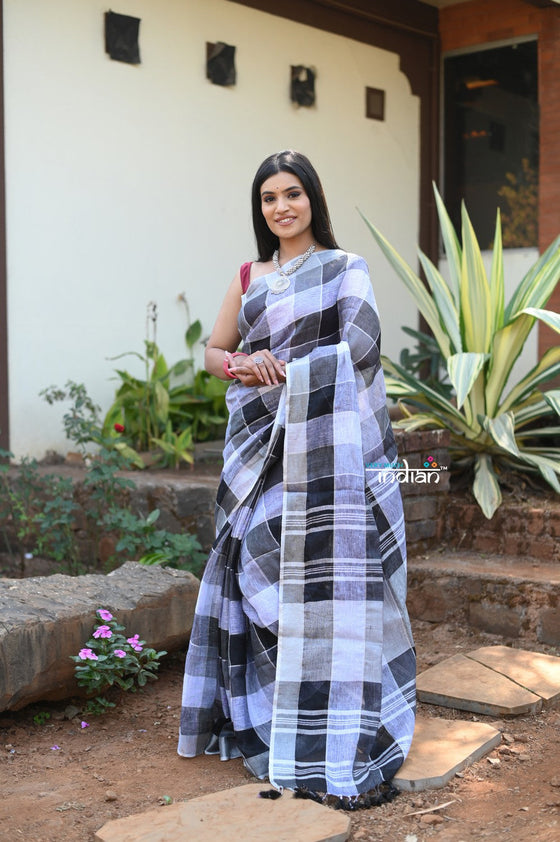 Exclusive! Pure Linen Saree in Beautiful Geometric Checks All over~Black and White Shades