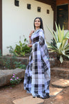 Exclusive! Pure Linen Saree in Beautiful Geometric Checks All over~Black and White Shades