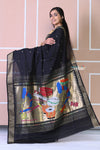 Authentic Handloom Cotton Paithani In Black Color And Golden Instrumental Pallu