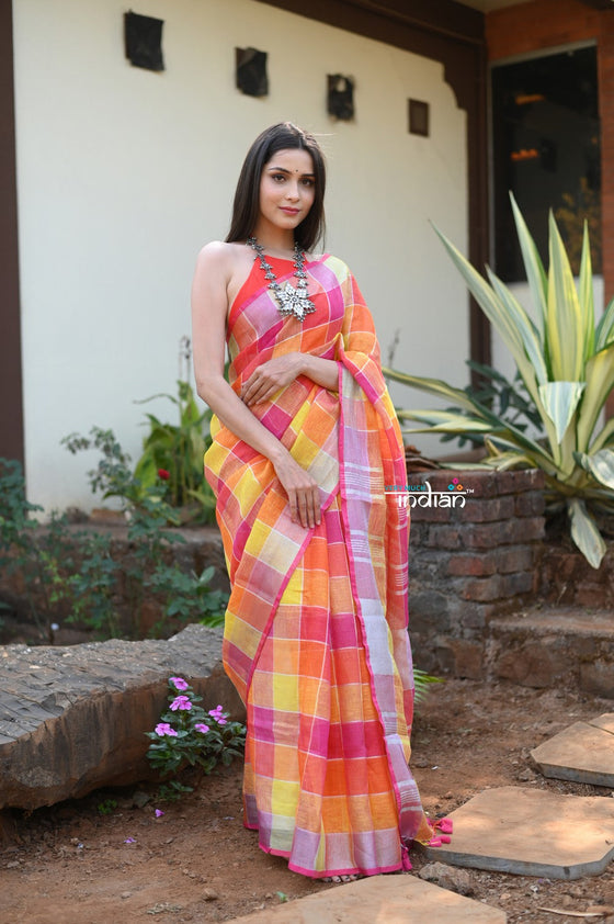 Exclusive! Pure Linen Saree in Beautiful Geometric Checks All over~Orange and Pink Shades