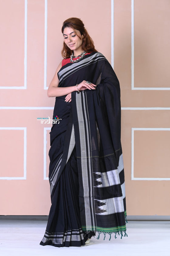 Traditional Pure Cotton Adequate Black Ilkal with Pure Silk Pallu
