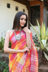 Exclusive! Pure Linen Saree in Beautiful Geometric Checks All over~Orange and Pink Shades
