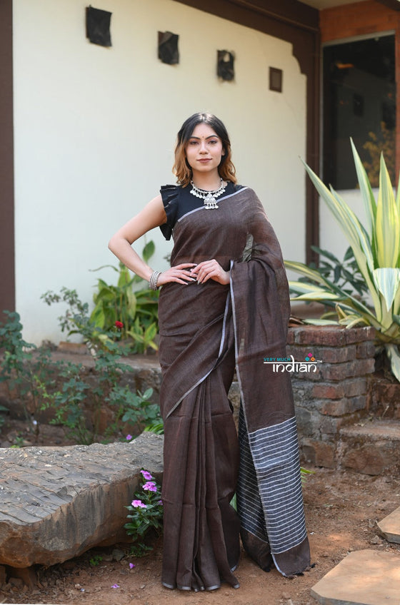 Rang~Pure Linen Saree With Sleek Border and Exclusive Design~ Dark Brown