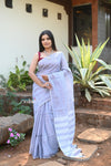 Exclusive! Pure Linen Saree in Beautiful Geometric Checks All over~Lavender