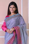Traditional Patteda Anchu Ilkal Handloom Saree~ Grey With Blue Border