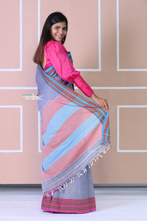Traditional Patteda Anchu Ilkal Handloom Saree~ Grey With Blue Border