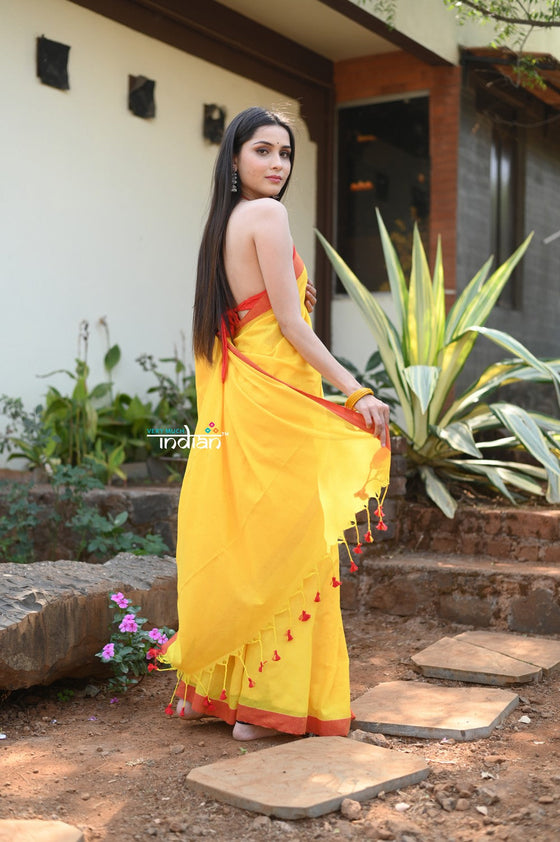 Rang~Pure Linen Saree With Sleek Border and Exclusive Design~Yellow