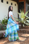 Exclusive! Pure Linen Saree in Beautiful Geometric Checks All over~Blue And Green Shades