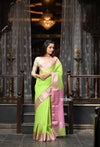 VMI Exclusive Designer! Handloom Cotton Silk Saree With Broad Golden Border~ Green Shade