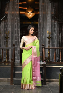  VMI Exclusive Designer! Handloom Cotton Silk Saree With Broad Golden Border~ Green Shade