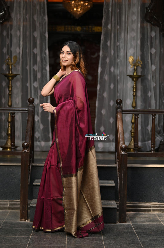 VMI Exclusive Designer! Handloom Cotton Silk Saree With Sleek Golden Border~Maroon Shade
