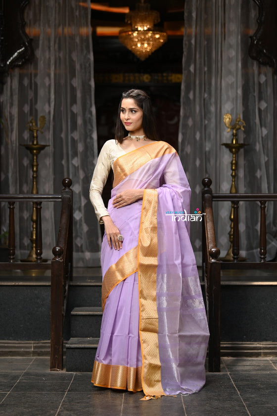 VMI Exclusive! Handloom Cotton Silk Saree With Golden Border~ Pretty Lavender and Yellow