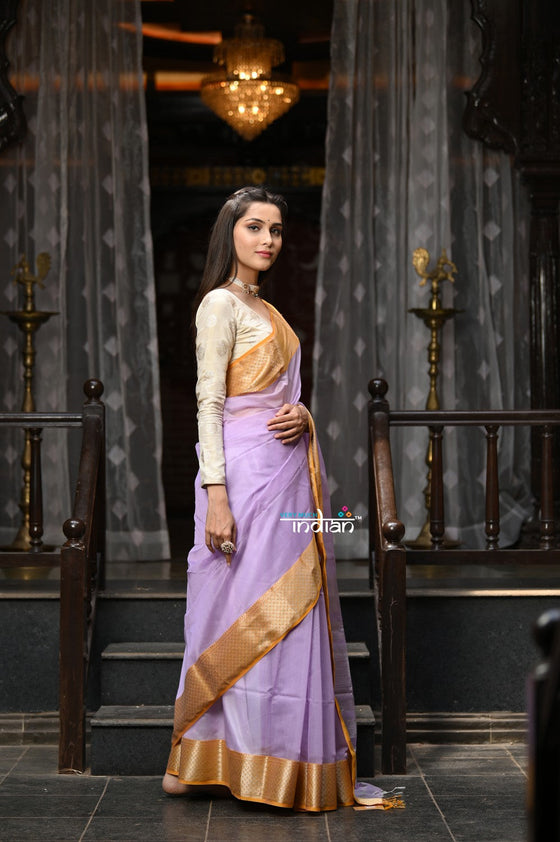 VMI Exclusive! Handloom Cotton Silk Saree With Golden Border~ Pretty Lavender and Yellow