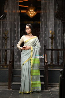  VMI Exclusive Designer! Handloom Cotton Silk Saree With Sleek Golden Border~ Sage Grey