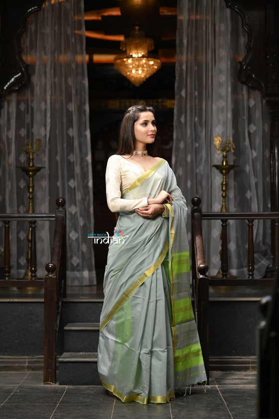 VMI Exclusive Designer! Handloom Cotton Silk Saree With Sleek Golden Border~ Sage Grey