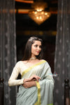 VMI Exclusive Designer! Handloom Cotton Silk Saree With Sleek Golden Border~ Sage Grey