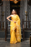 VMI Exclusive Designer! Handloom Cotton Silk Saree With Broad Golden Border~ Saphire Yellow