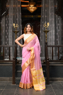  VMI Exclusive Designer! Handloom Cotton Silk Saree With Broad Golden Border~Soft Pink