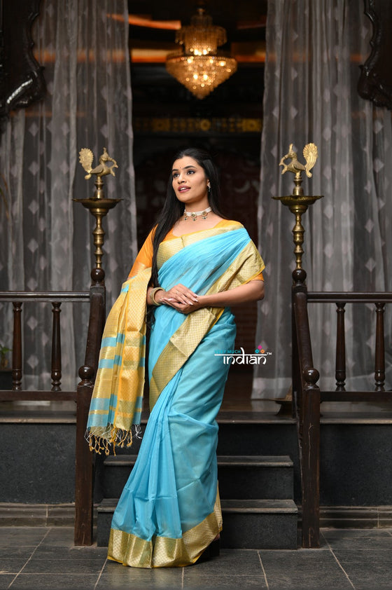 VMI Exclusive Designer! Handloom Cotton Silk Saree With Broad Golden Border~ Sky Blue