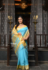 VMI Exclusive Designer! Handloom Cotton Silk Saree With Broad Golden Border~ Sky Blue