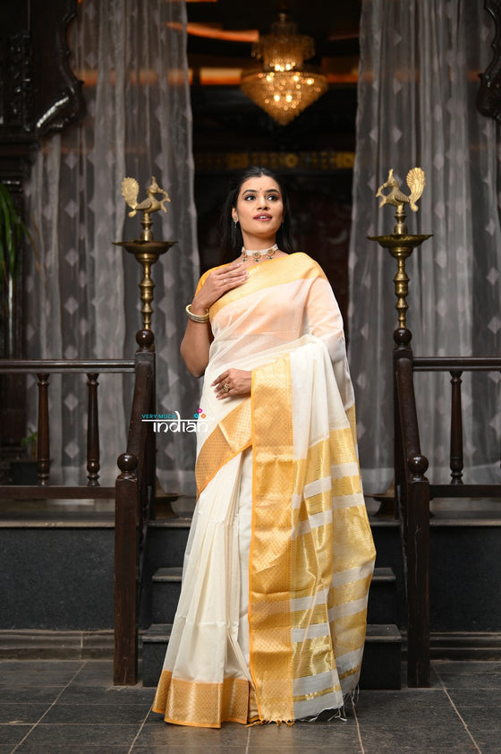VMI Exclusive Designer! Handloom Cotton Silk Saree With Broad Golden Border~ White