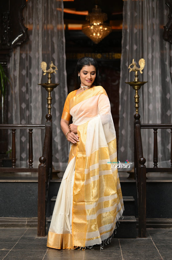 VMI Exclusive Designer! Handloom Cotton Silk Saree With Broad Golden Border~ White