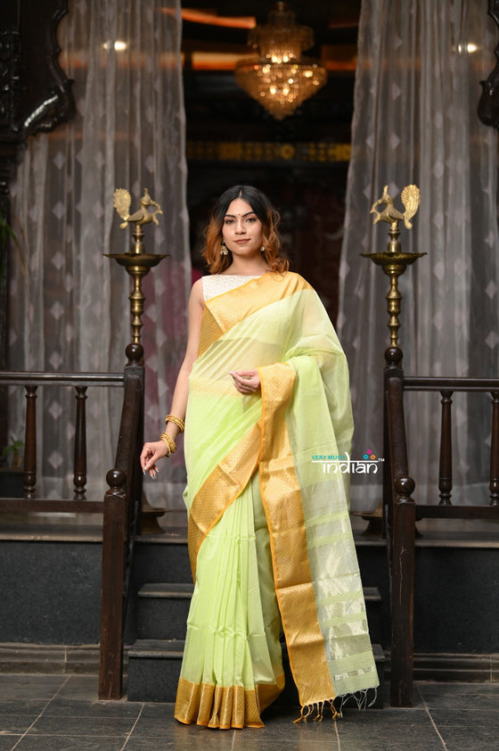 VMI Exclusive Designer! Handloom Cotton Silk Saree With Broad Golden Border ~ Lush Green