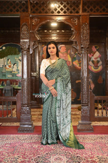 Gajji Satin Silk Saree With Symmetrical Handblock Print ~ Leaf Green