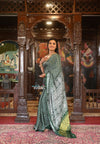 Gajji Satin Silk Saree With Symmetrical Handblock Print ~ Leaf Green