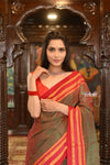 Handloom Cotton Viscose Ilkal Saree With Pure Resham Pallu – Bright Dual Tone Red Green With Red Border