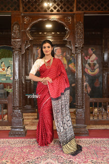  Gajji Satin Silk Saree With Handbandhani and Ajrakh Pallu Handcrafted by Women Weavers~ Red and Black
"