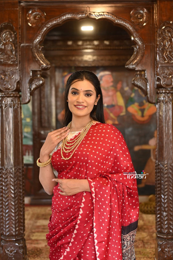 Gajji Satin Silk Saree With Handbandhani and Ajrakh Pallu Handcrafted by Women Weavers~ Red and Black
"