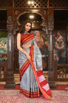 Handloom Cotton Viscose Ilkal Saree With Pure Resham Pallu – Bright Grey With Red Border