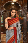 Handloom Cotton Viscose Ilkal Saree With Pure Resham Pallu – Bright Grey With Red Border