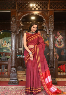  Handloom Cotton Viscose Ilkal Saree With Pure Resham Pallu - Bright Maroon With Red Border