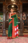Handloom Cotton Viscose Ilkal Saree With Pure Resham Pallu – Bright Green With Red Border