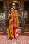 Handloom Cotton Viscose Ilkal Saree With Pure Resham Pallu – Bright Beige Yellow With Red Border