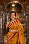 Handloom Cotton Viscose Ilkal Saree With Pure Resham Pallu – Bright Beige Yellow With Red Border